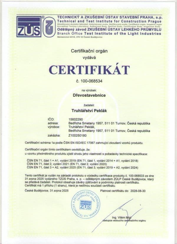 Certifikát bezpečnosti hraček - strana 1